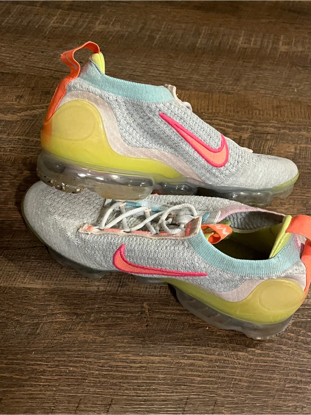 Ladies Nike Air VaporMax 2021 Flyknit Neon Grey Pink Sneakers EUC size 8